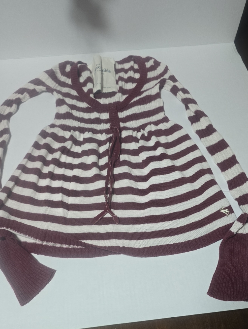 Rare Collectors PieceStriped Long-Sleeve Tie-Front Sweater in Burgundy and Cream